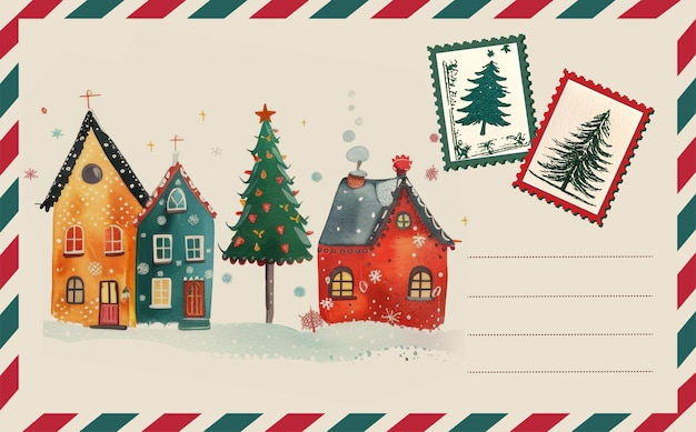 Tarjeta postal de Navidad con casas, cartas, correo, acuarela.