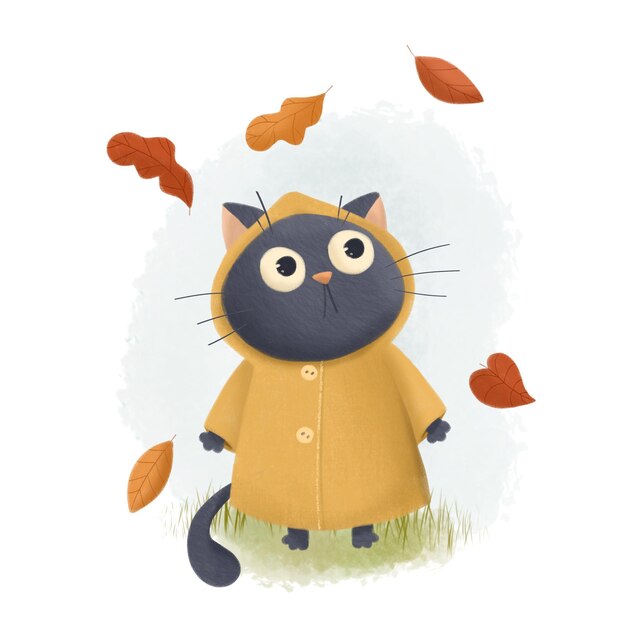 Tarjeta postal de otoño con un lindo gato dibujado a mano