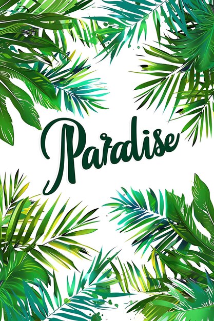 Foto tarjeta postal del paraíso tropical con borde de hoja de palma e ilustración de texto tarjeta postal decorativa de época