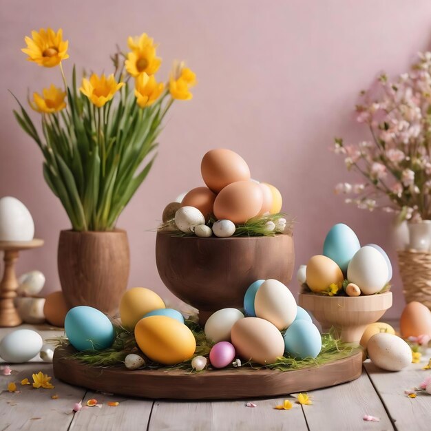 Tarjeta postal de Pascua con muchos huevos de madera en podios y flores copia espacio