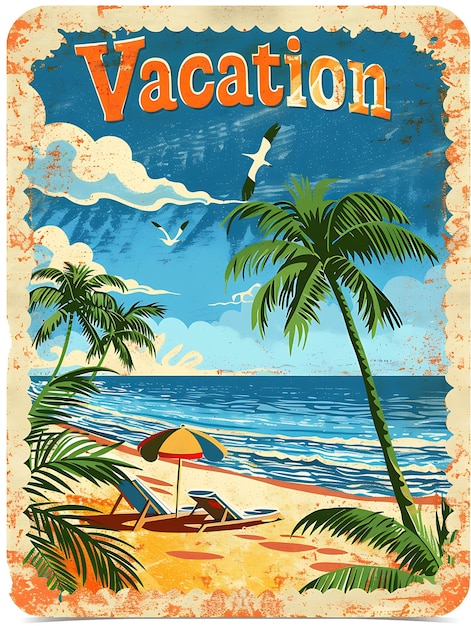 Tarjeta postal de playa retro con unas vacaciones en la frontera en ilustración Decorativa de tarjetas postales vintage