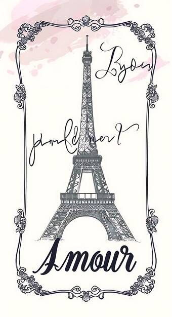 Tarjeta postal romántica de París con marco de la Torre Eiffel e ilustración de texto Tarjeta postal vintage decorativa