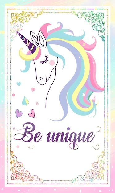 Foto tarjeta postal temática de unicornio con borde de color arco iris y ilustración en t tarjeta postal decorativa vintage