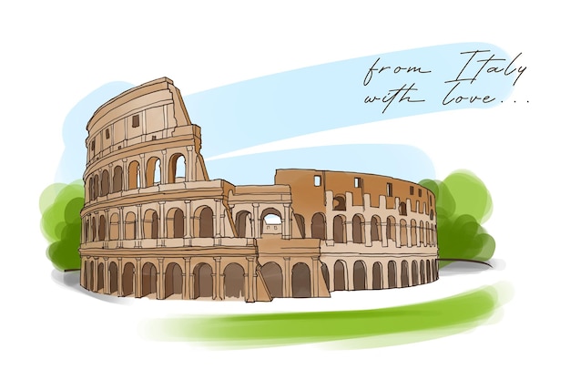 Tarjeta postal de viaje con el Coliseo, un hito arquitectónico italiano, y letras de Italia con amor