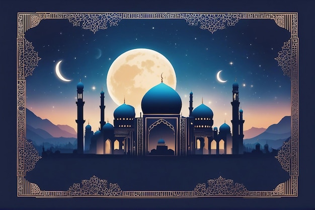 Tarjeta de Ramadán con cúpula de mezquitas Luna creciente sobre fondo de cielo azul generada por IA