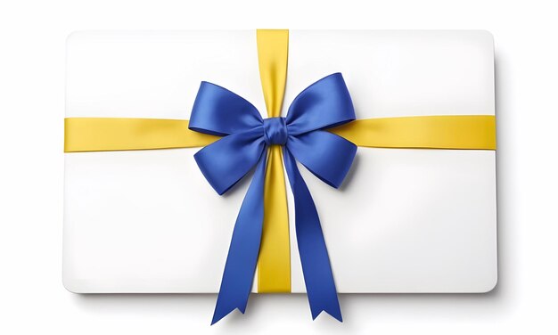 Tarjeta de regalo blanca en blanco con arco de cinta azul aislado en el fondo con sombra minimalista conceptual