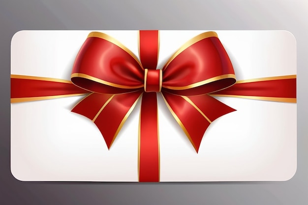 Tarjeta de regalo blanca con lazo y cintas doradas rojas plantilla vectorial para invitación de diseño y tarjeta de crédito o descuento
