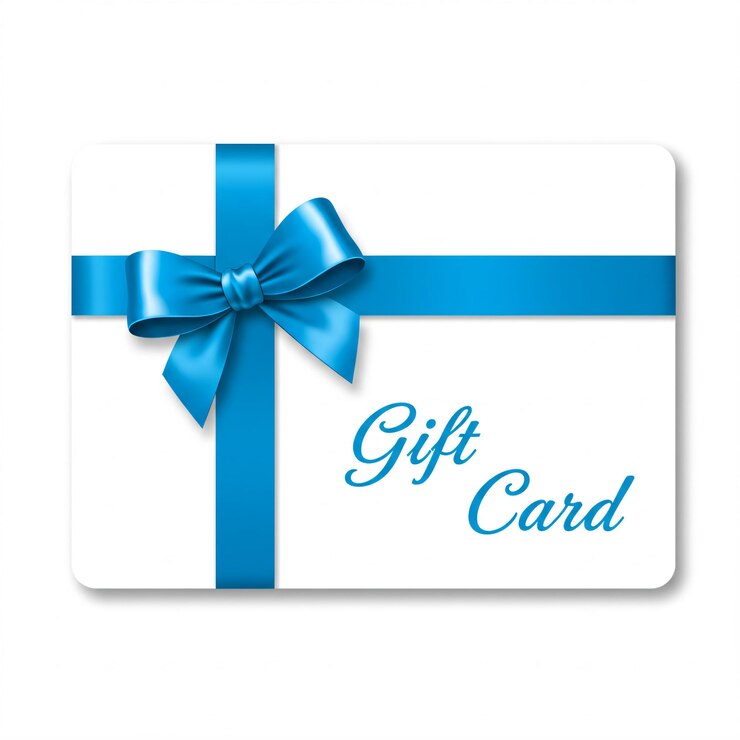 Tarjeta de regalo con una cinta azul y un lazo con el texto tarjeta de regalo
