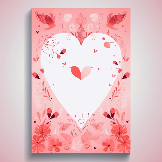 Foto tarjeta rosa con decoraciones flores y un corazón blanco corazón como símbolo de afecto y amor