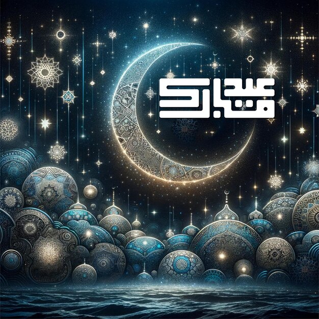 Foto tarjeta de saludos de eid mubarak dibujada a mano y banner de redes sociales de eid ulfitr post plantilla de caligrafía i