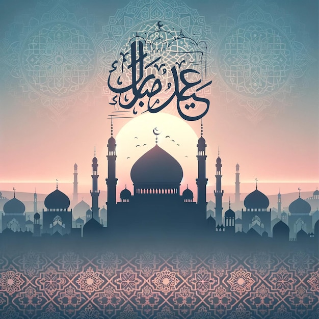 Foto tarjeta de saludos de eid mubarak dibujada a mano y banner de redes sociales de eid ulfitr post plantilla de caligrafía i