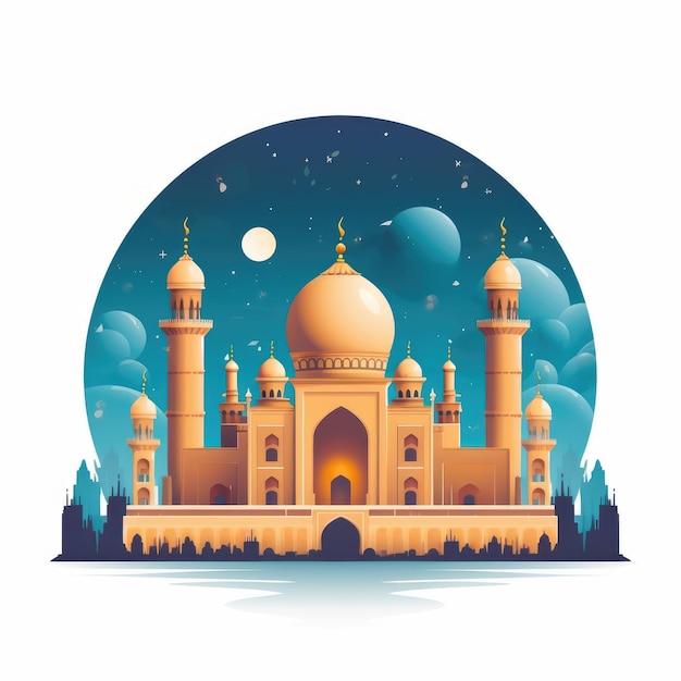Tarjeta de saludos islámica de Ramadan Kareem con ilustración de fondo de estilo plano