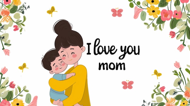 Tarjeta de vacaciones para el Día de la Madre en un dibujo vectorial de fondo blanco de una madre abrazando a un niño