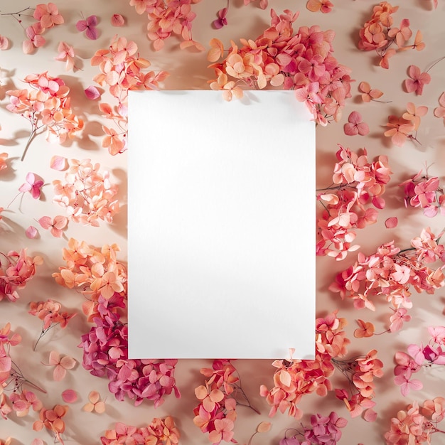 Tarjeta vacía con flores rosas Tarjeta simulada sobre fondo elegante para presentación o diseño Concepto festivo y primaveral Tarjeta del día de la madre o día de la mujer