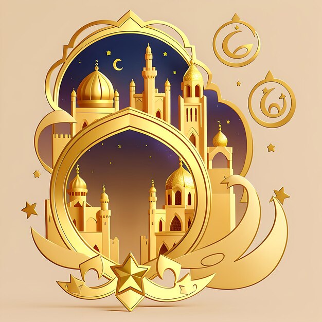 Tarjeta vectorial Ramadán Kareem con media luna de metal dorado 3d y arco de estrellas estilo árabe