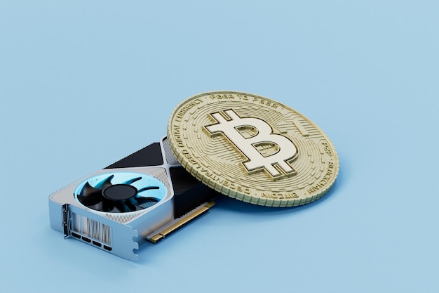 Tarjeta de video para minería de criptomonedas tarjeta de video y bitcoin en un render 3D de fondo azul