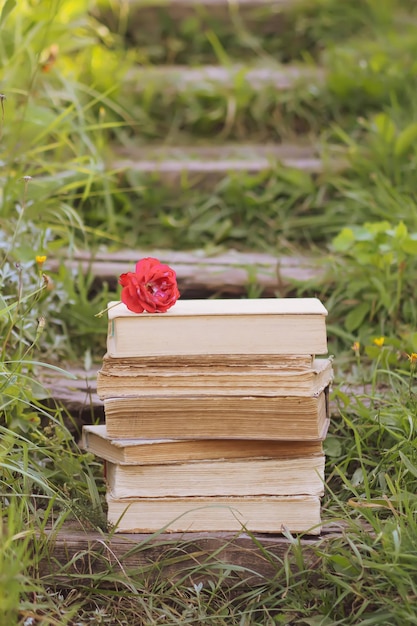 Tarjeta vintage con pila de libros antiguos y flor rosa roja al aire libre