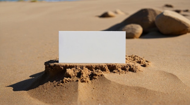 Tarjeta de visita blanca en blanco en la playa con arena en el fondo