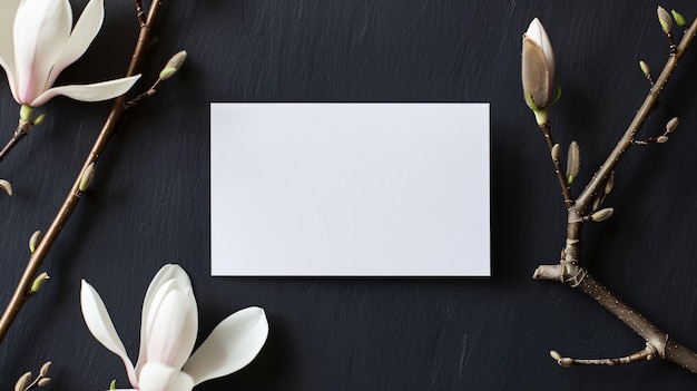 Tarjeta de visita en blanco y rama de magnolia en primer plano de fondo negro Maqueta para el diseño
