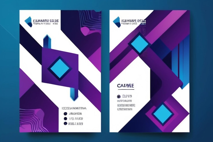 Foto tarjeta de visita con formas geométricas azules y púrpuras