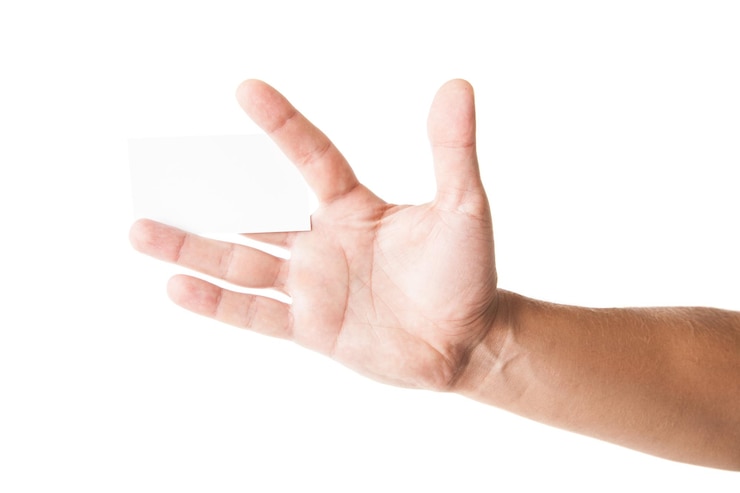 Foto tarjeta de visita, en, mans, mano, blanco, plano de fondo