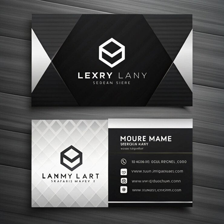 una tarjeta de visita negra y blanca con un logotipo en blanco y negro