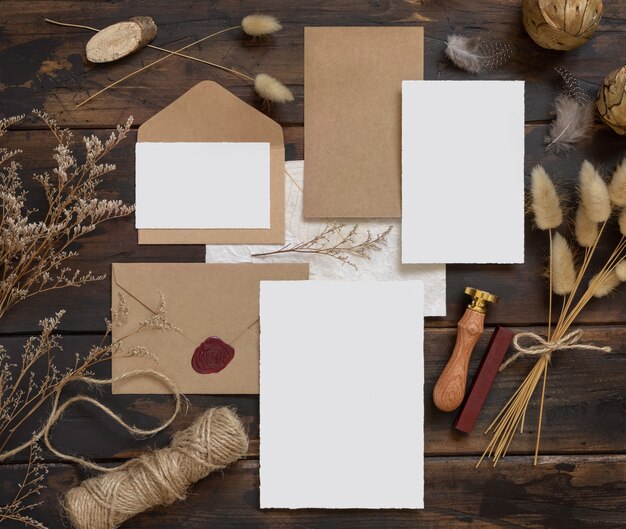 Tarjetas de boda en blanco sobre una mesa de madera con decoración bohemia alrededor