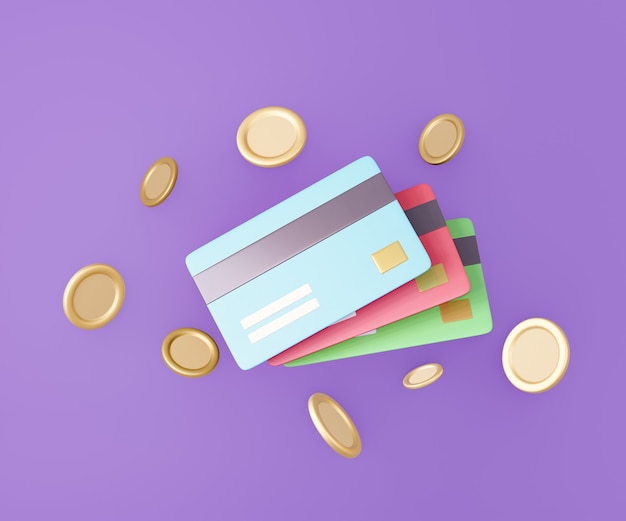 Tarjetas de crédito de color 3D con moneda de oro sobre fondo púrpura. Representación de la ilustración 3D.