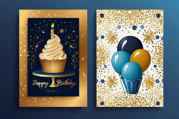 Foto tarjetas de felicitación de cumpleaños en colores azul y dorado plantillas vectoriales de celebración con pastel de aniversario