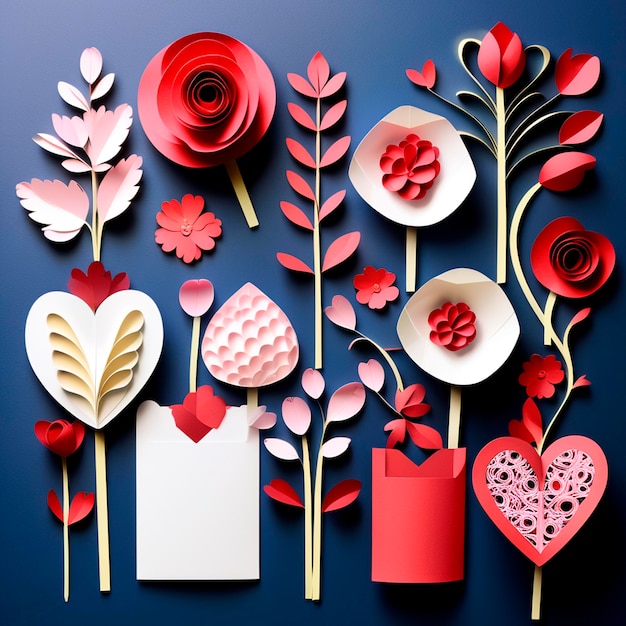 Tarjetas florales de San Valentín hechas de papel Tarjetas postales hechas a mano de papel Las flores son rojas y