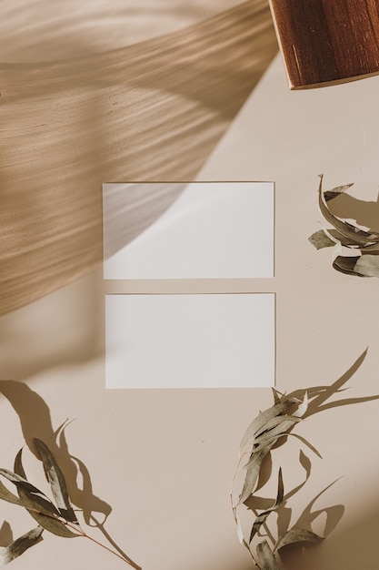 Foto tarjetas de hoja de papel en blanco con bandeja de madera y hojas secas con sombra de luz solar en beige