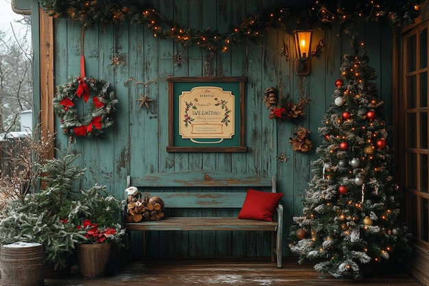 Tarjetas de Navidad antiguas en una pared rústica
