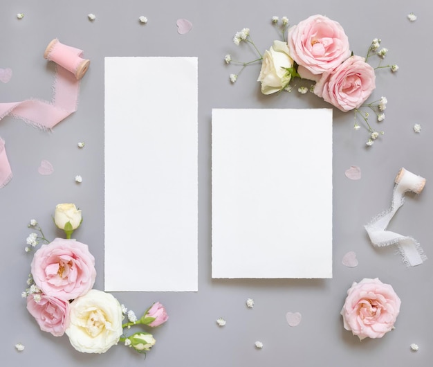 Tarjetas de papel en blanco entre rosas rosadas y cintas de seda rosa en maqueta de boda de vista superior gris