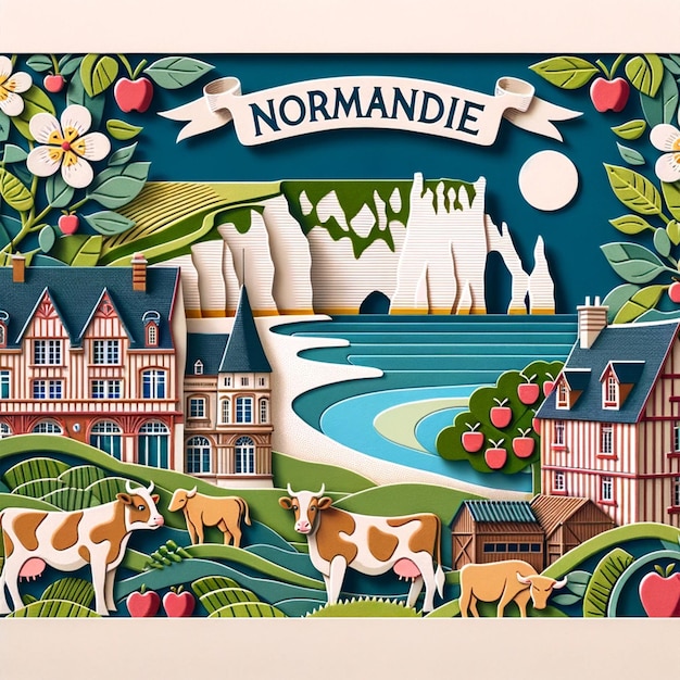 Tarjetas postales de Normandía corte de papel Etretat acantilados manzanas vacas y casas normandas