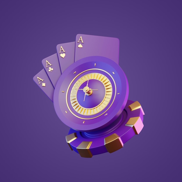 Tarjetas de ruleta de casino y fichas de póquer en un fondo púrpura Ilustración de renderización 3D