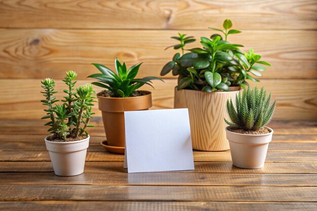 tarjetas vacías y plantas ornamentales en ollas de madera