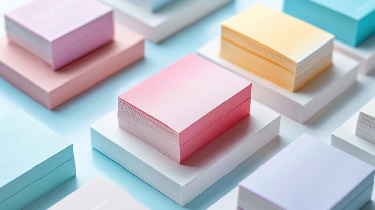 Tarjetas de visita cuidadosamente apiladas en colores pastel suaves que crean una estética visualmente atractiva y suave para la marca y la identidad