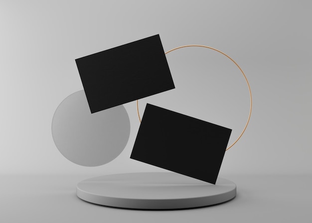 Foto tarjetas de visita negras en blanco con anillo dorado en el fondo gris mockup para identidad de marca dos tarjetas para mostrar ambos lados plantilla para diseñador gráfico espacio libre espacio de copia representación 3d