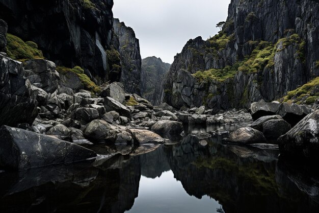 Foto el tarn alpino anidado entre los acantilados rocosos