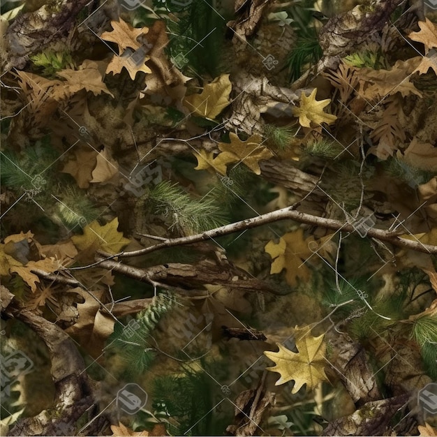 Tarnung-Camouflage-Hintergrund mit Tannenzapfen und Blättern, Stockfoto, generative KI