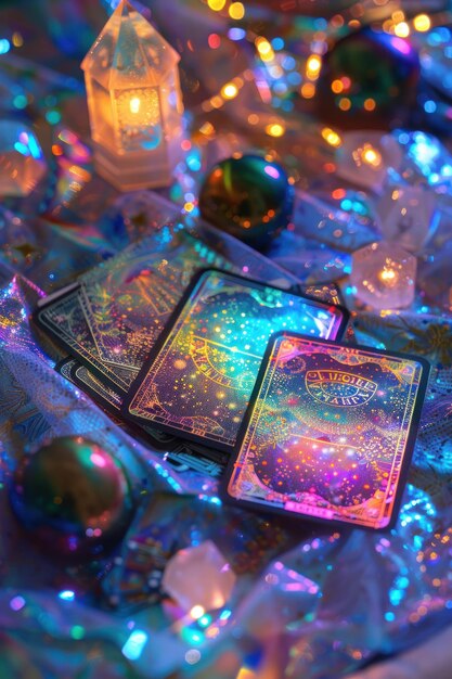 Foto tarot holográfico espalhado sobre uma mesa de cristal noite estrelada de cima para baixo tiro reino cósmico close-up