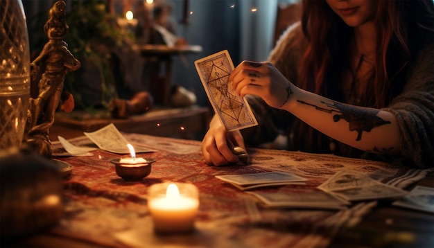 Foto tarot leyendo cartas fortuna contadora de manos sosteniendo la carta el sol y las cartas del tarot en la mesa