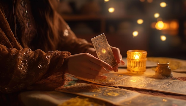 Tarot leyendo cartas Fortuna contadora de manos sosteniendo la carta EL SOL y las cartas del tarot en la mesa
