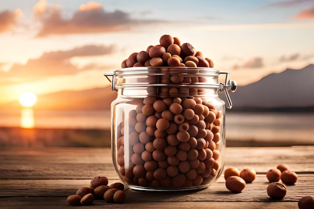 Un tarro de almendras con el sol detrás