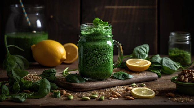 Un tarro de batido verde con limón y espinacas al lado