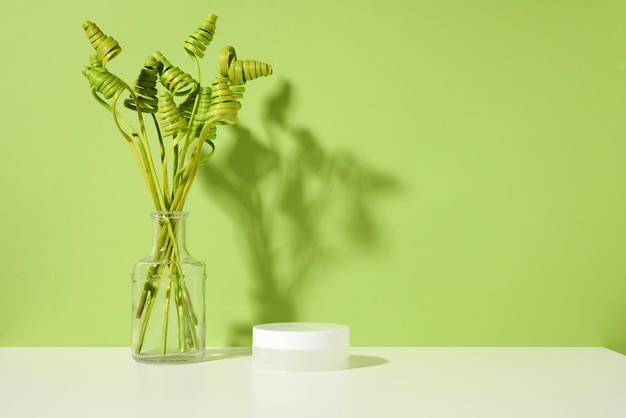 Tarro blanco vacío para cosméticos en la mesa blanca, fondo verde. Packaging para crema, gel, sérum, publicidad y promoción de productos. Bosquejo