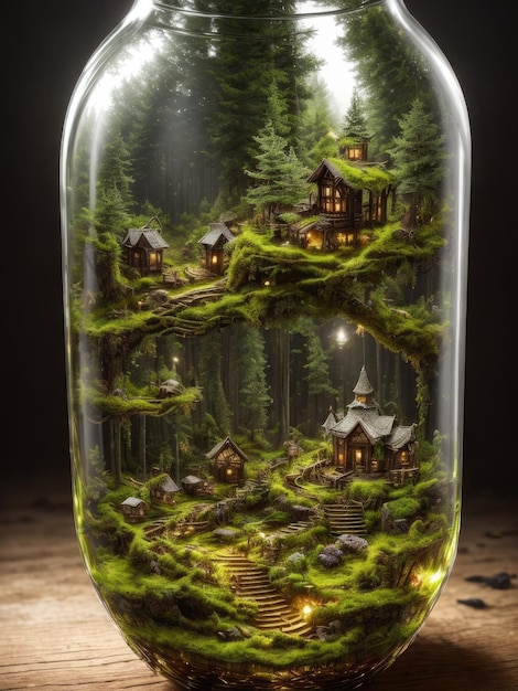 Un tarro de casas con un bosque dentro