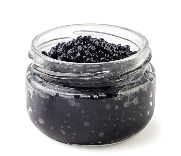 Tarro de caviar negro sobre un fondo blanco aislado