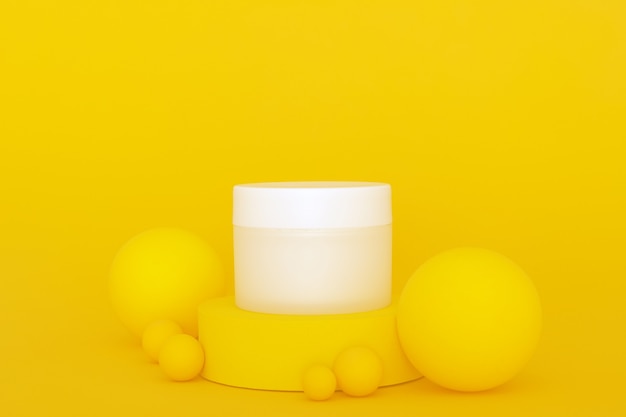 Tarro de crema cosmética sin marca blanca que se coloca en el podio amarillo con bolas amarillas. Presentación de productos para el cuidado de la piel sobre fondo amarillo. Maqueta de moda. Cuidado de la piel, belleza y spa.