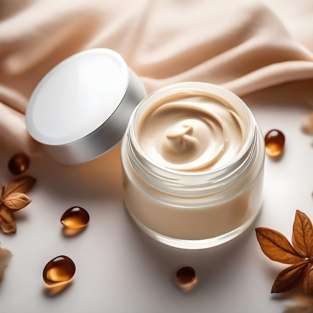 Tarro de crema cosmética sobre fondo blanco Concepto de producto de belleza natural